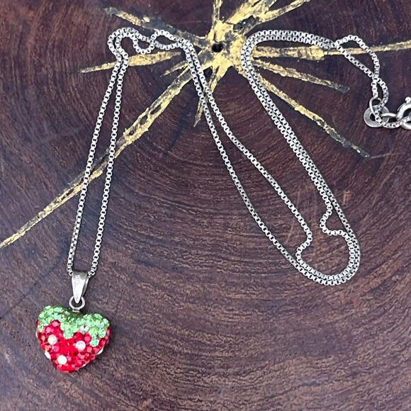 90s Sterling Silver Rhinestone Strawberry Necklace in Sterling Silver Fruit - Picture 7 of 10